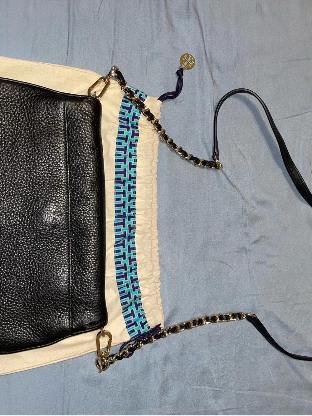 Tory Burch Black Pebbled Leather Chain Crossbody with Gold Logo
